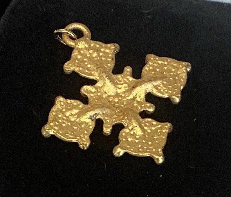 Vintage Pendant Amber Jeweled Maltese Cross Victorian Revival Matte Gold Tone