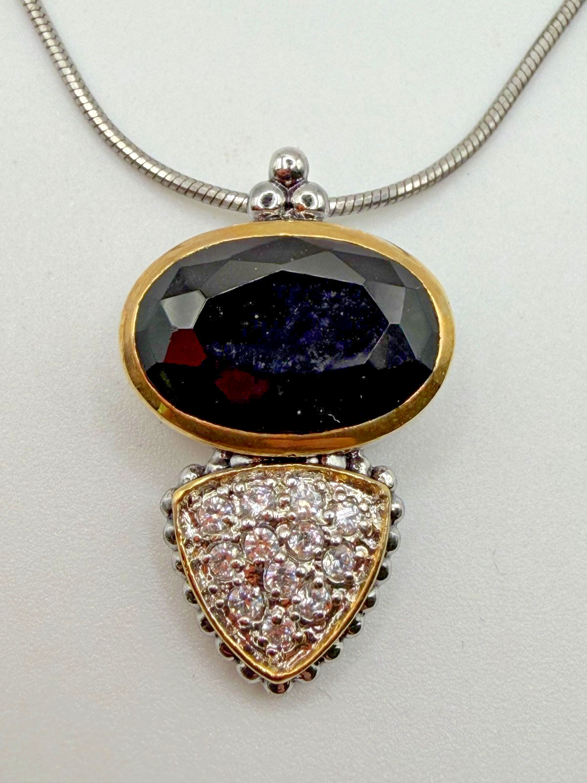 ART DECO 925 STERLING SILVER RHINESTONES CRYSTALS OVAL PENDANT VINTAGE 18″