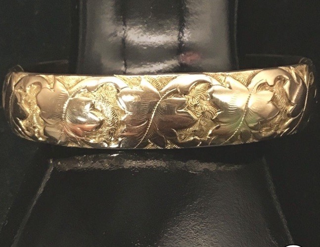 Antique Art Nouveau Edwardian Yellow Rolled Gold Bates Bangle Bracelet 29 Grams