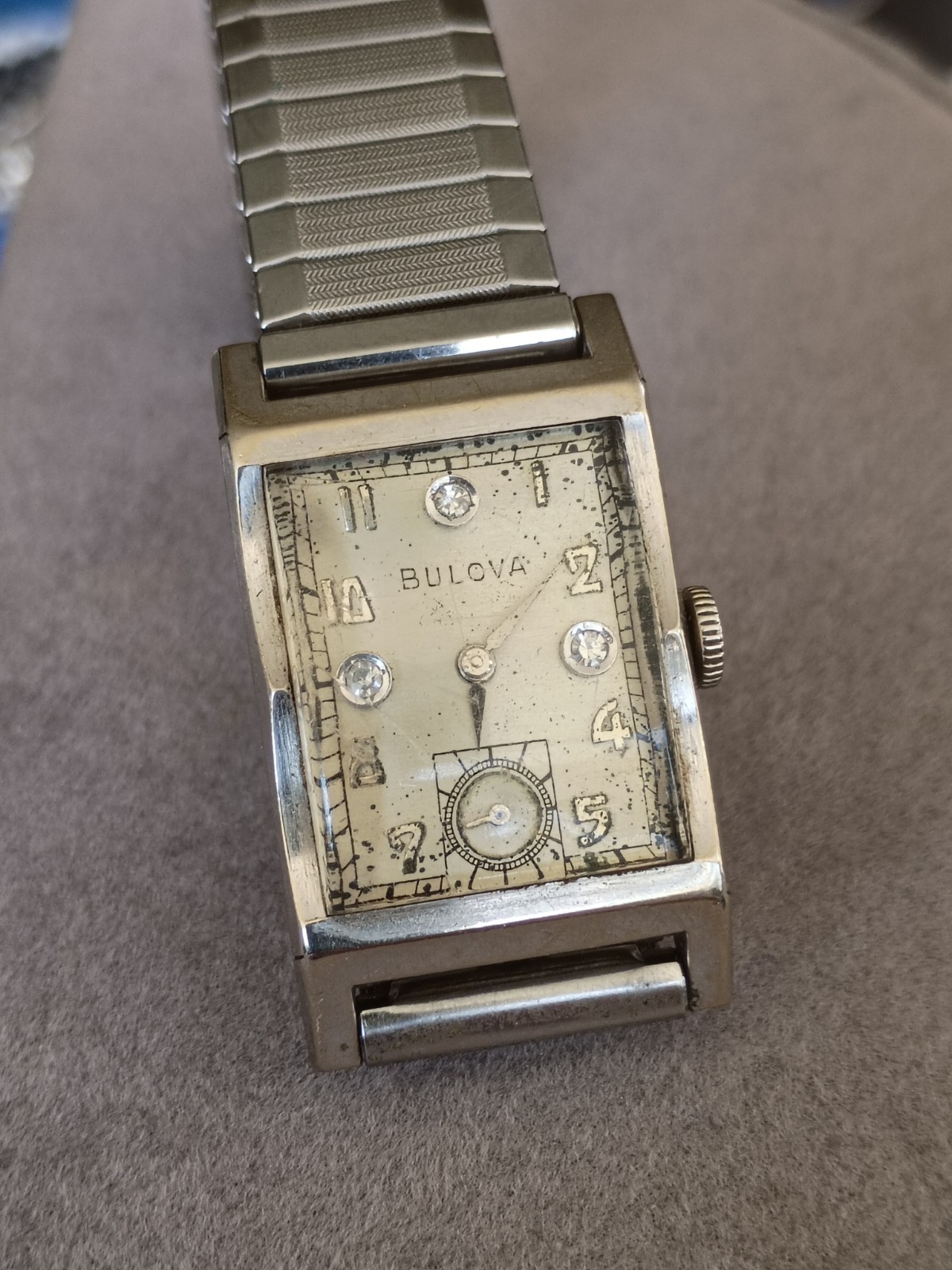 💥 Art Deco Vintage Bulova 14K Gold Wristwatch With Diamond Dial 💥Working 💥