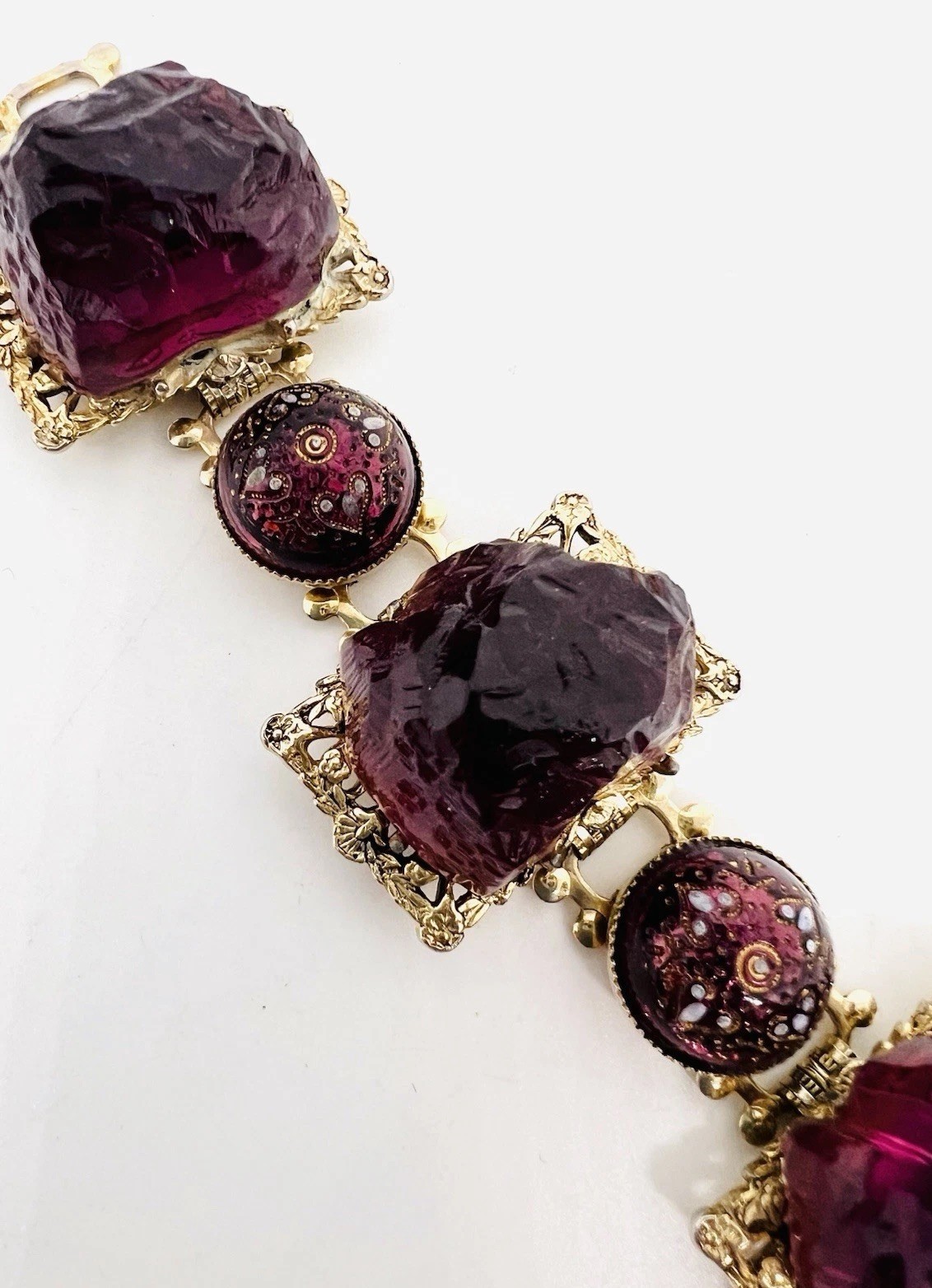 Chunky Purple Molded Glass & Lava Rock 3D Book Chain Bracelet Vintage Jewelry