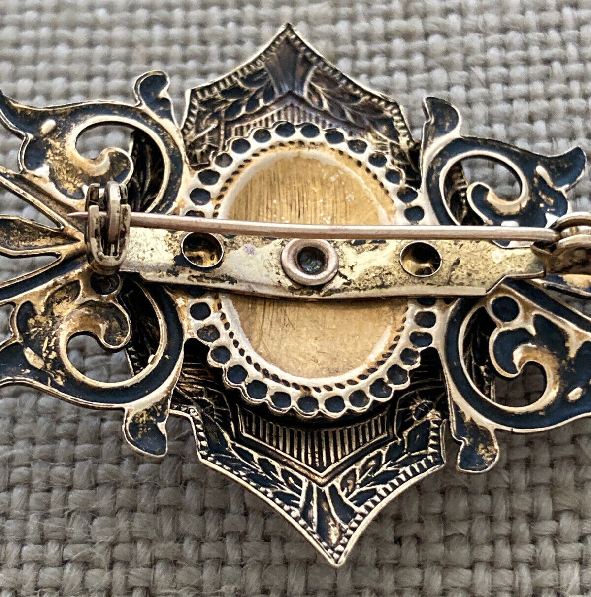 Brooch Brass Cabochon Mood Moon Stone Filigree Floral Shield Vintage 60s