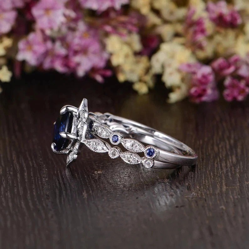2.40CT Cushion Cut Real Blue Sapphire Vintage Wedding Halo Ring Set 925 Silver