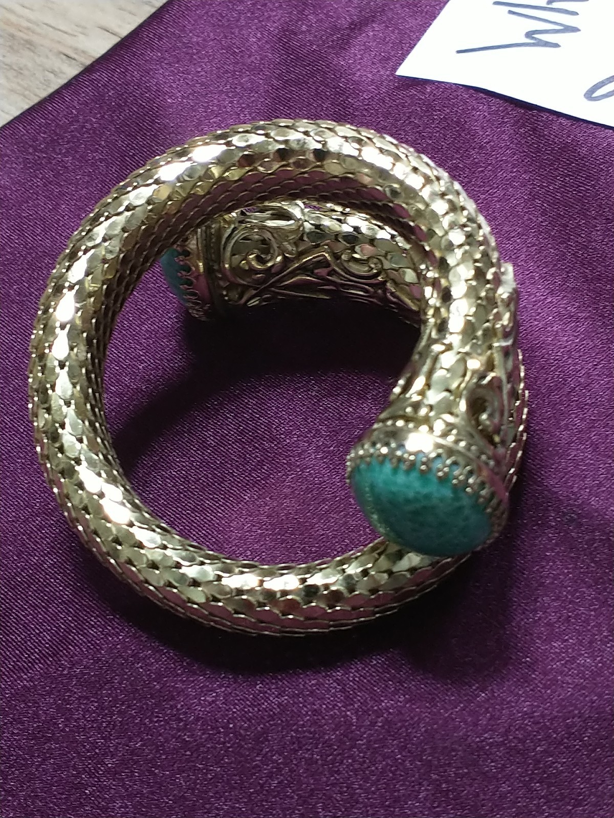 VINTAGE WHITING & DAVIS Mesh Snake Wrap Bracelet Green Peking Glass Cabochon