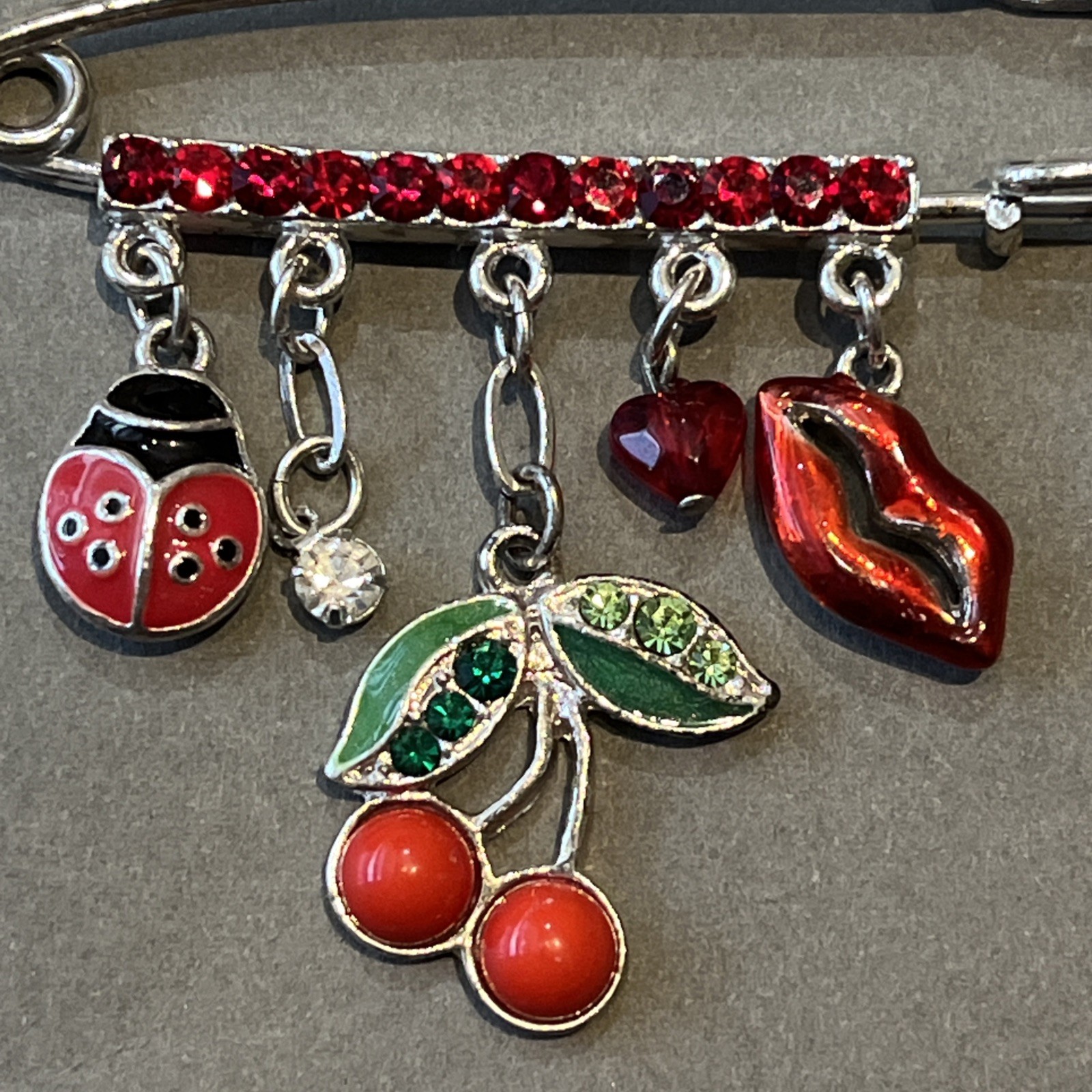 Vtg Lucky Charm Safety Pin Brooch Lips Heart Cherries Ladybug Nature Love & Luck
