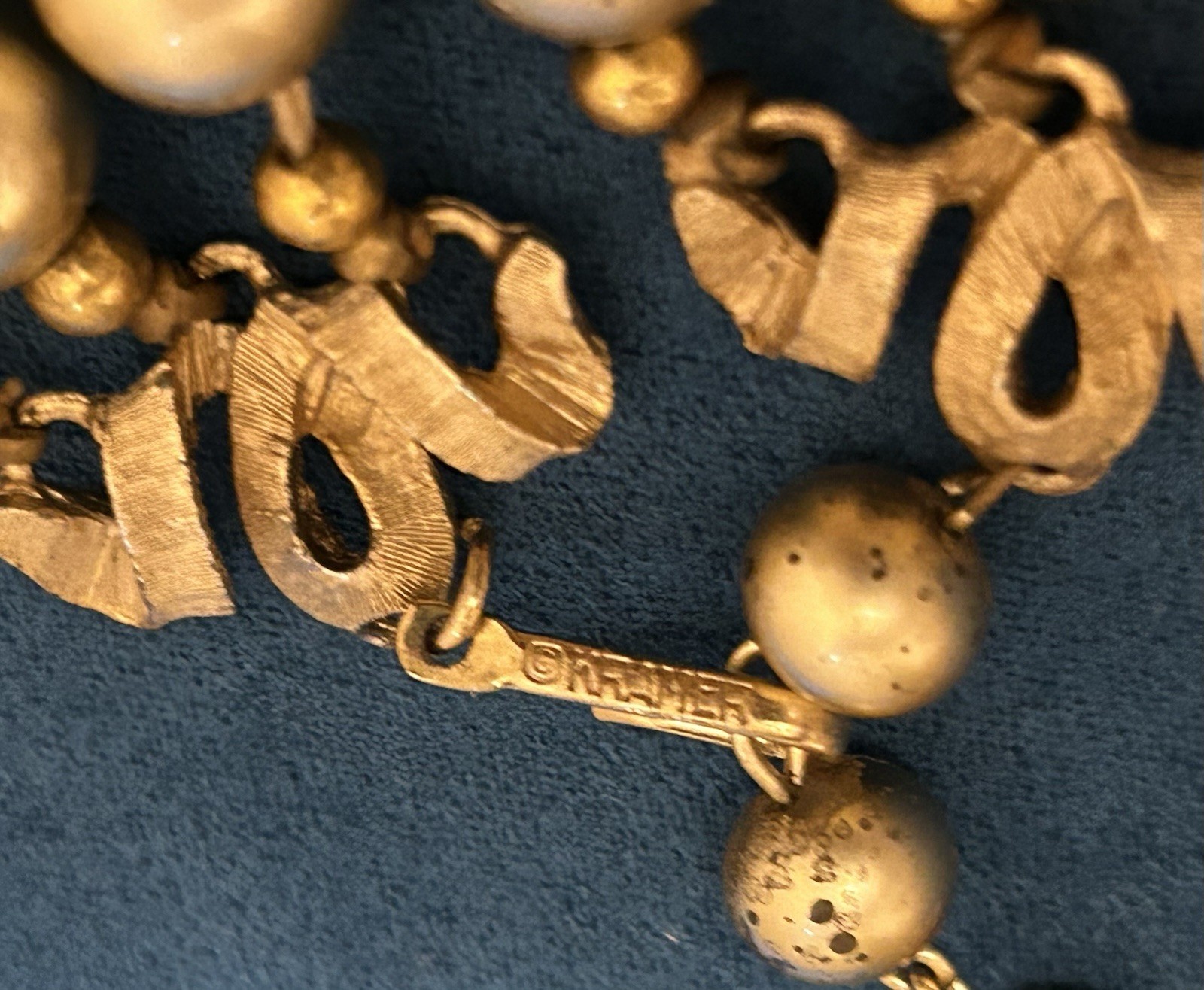 VTG Kramer Signed Triple Strand Graduated Faux Pearl Necklace Gold Tone 1950s