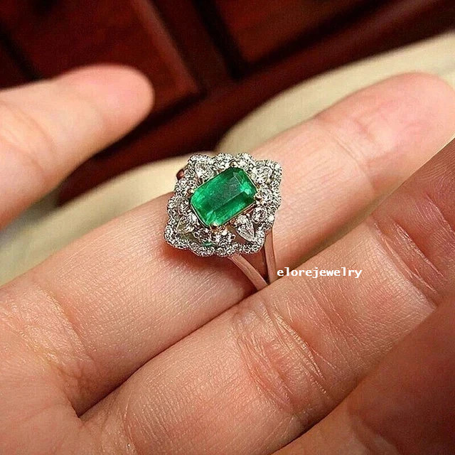 3Ct Lab Emerald Art Deco Ring 14K White Gold Plated Halo Engagement Wedding Band