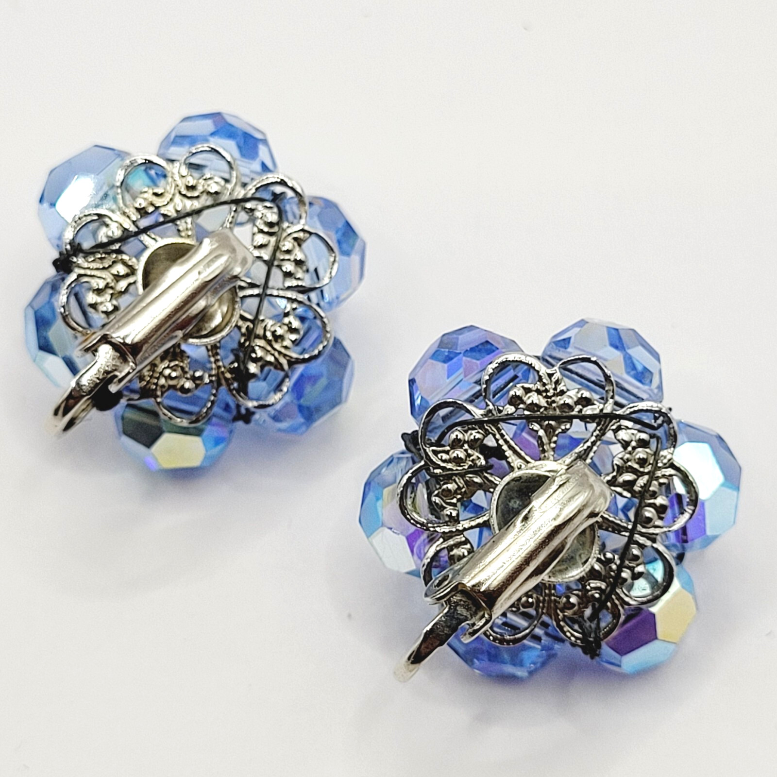 Light Blue Faceted Crystal Bead Cluster Sparkling Fancy Vintage Clip On Earrings