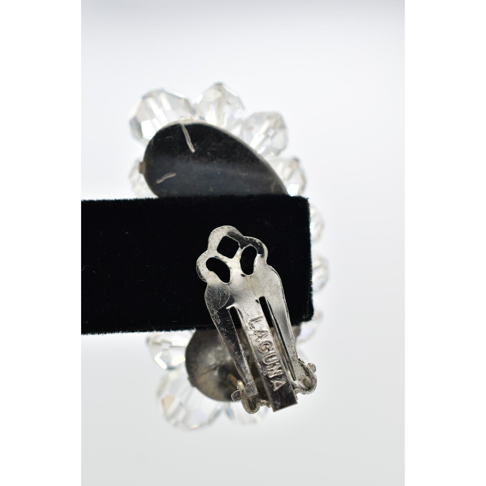 Laguna Vintage Clip On Crystal Earrings Clear Climber Bridal Signed 1950s A24