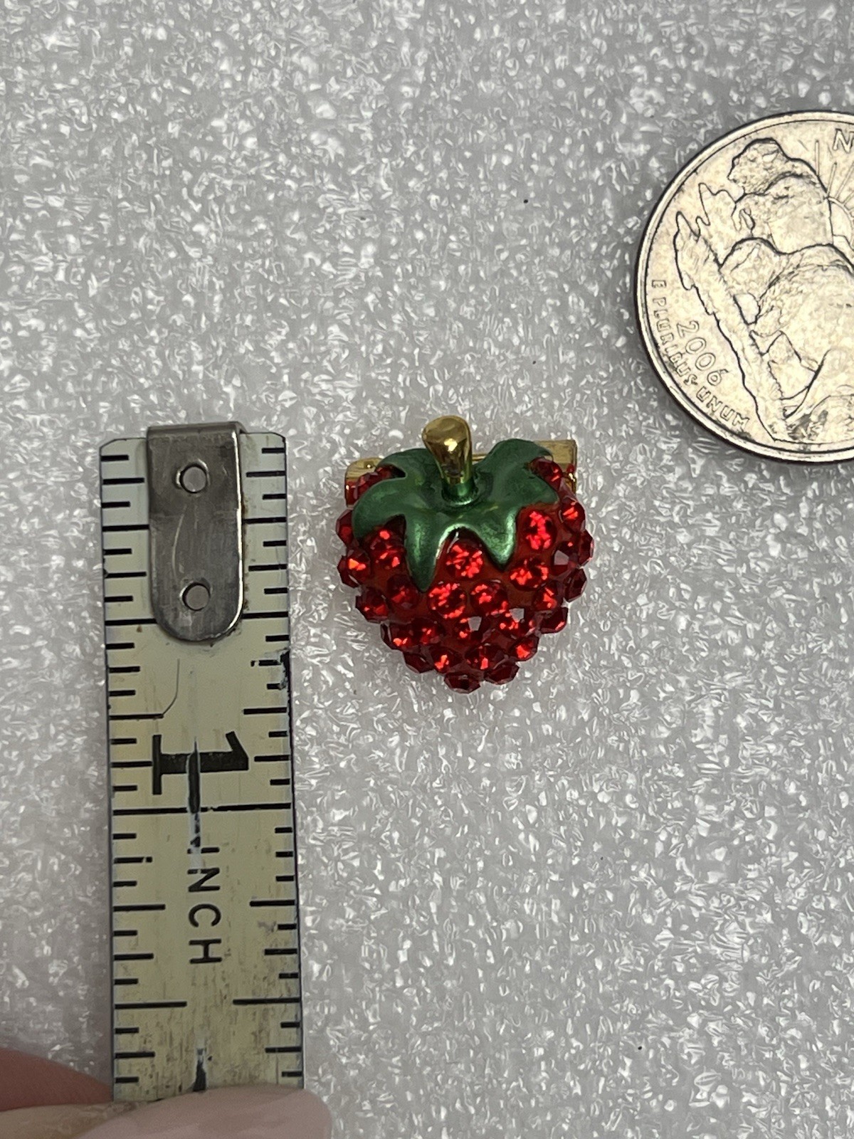 Vintage Tiny Red Rhinestone Strawberry Brooch .75”