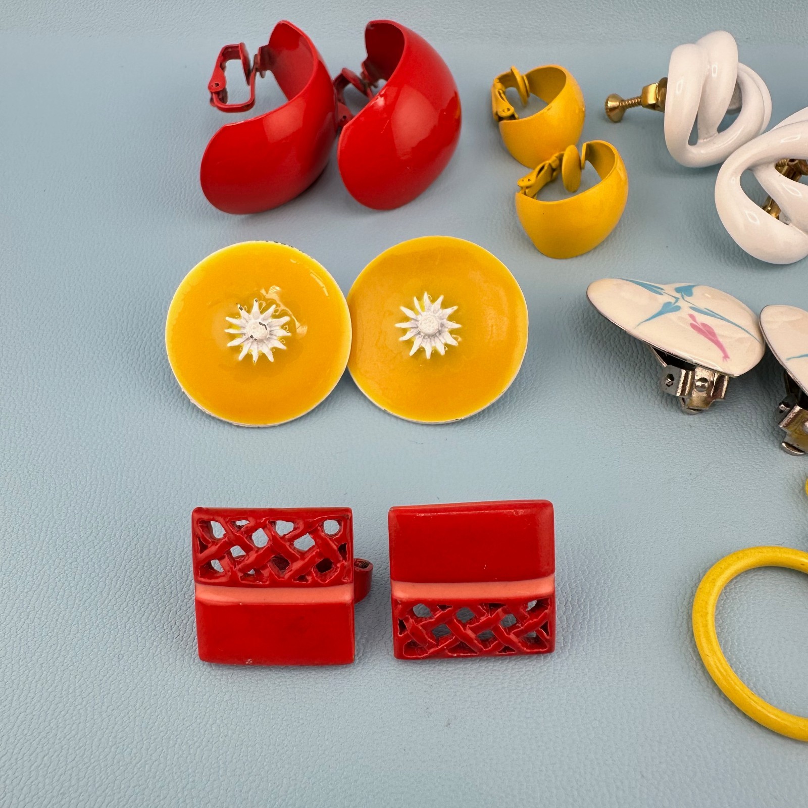 Vintage Enamel Metal Earrings Lot Clip On Bright Colorful 1980s Retro Pop MOD