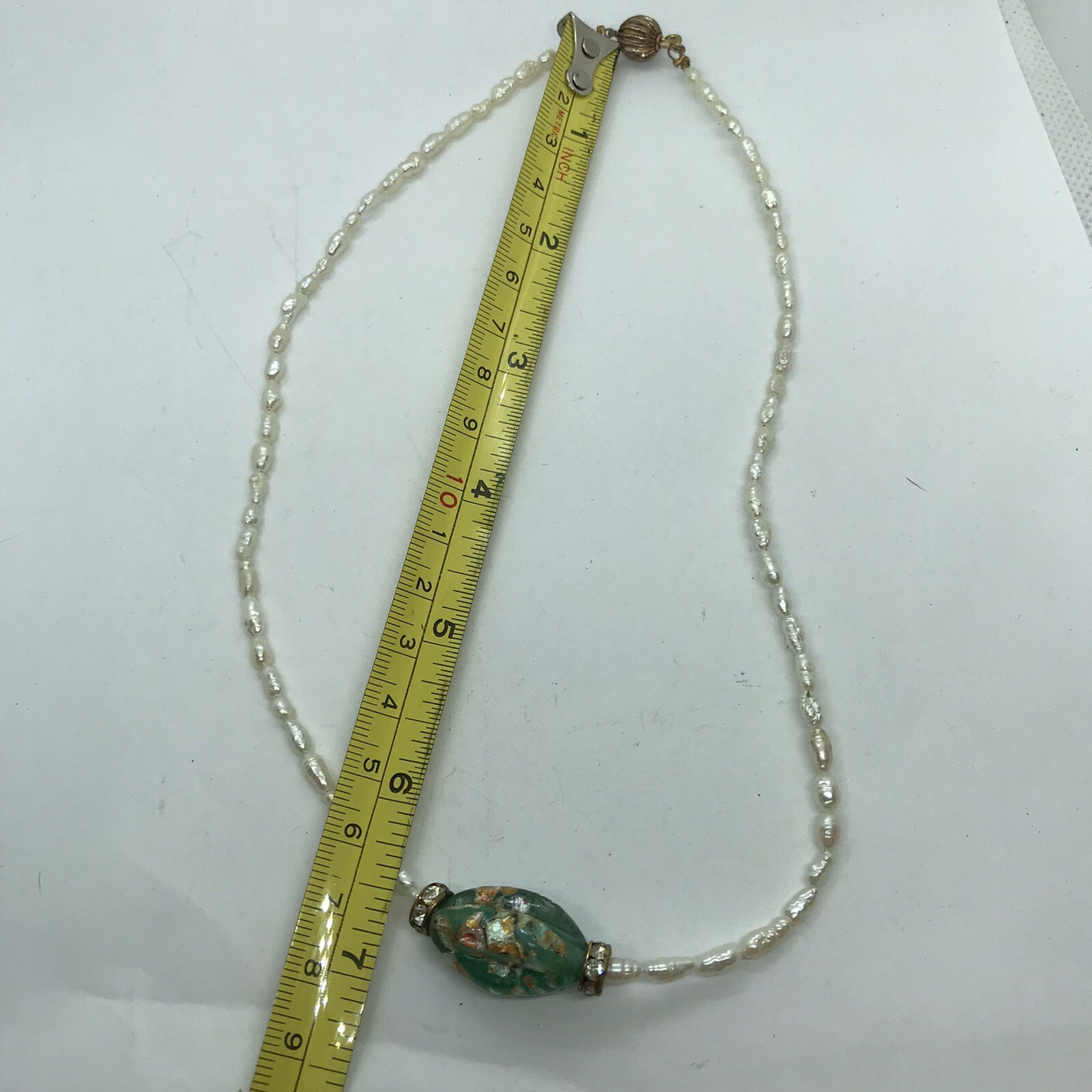 Vintage Artisan Baroque Pearl Dainty Strand Necklace Green Foil Art Glass Beach