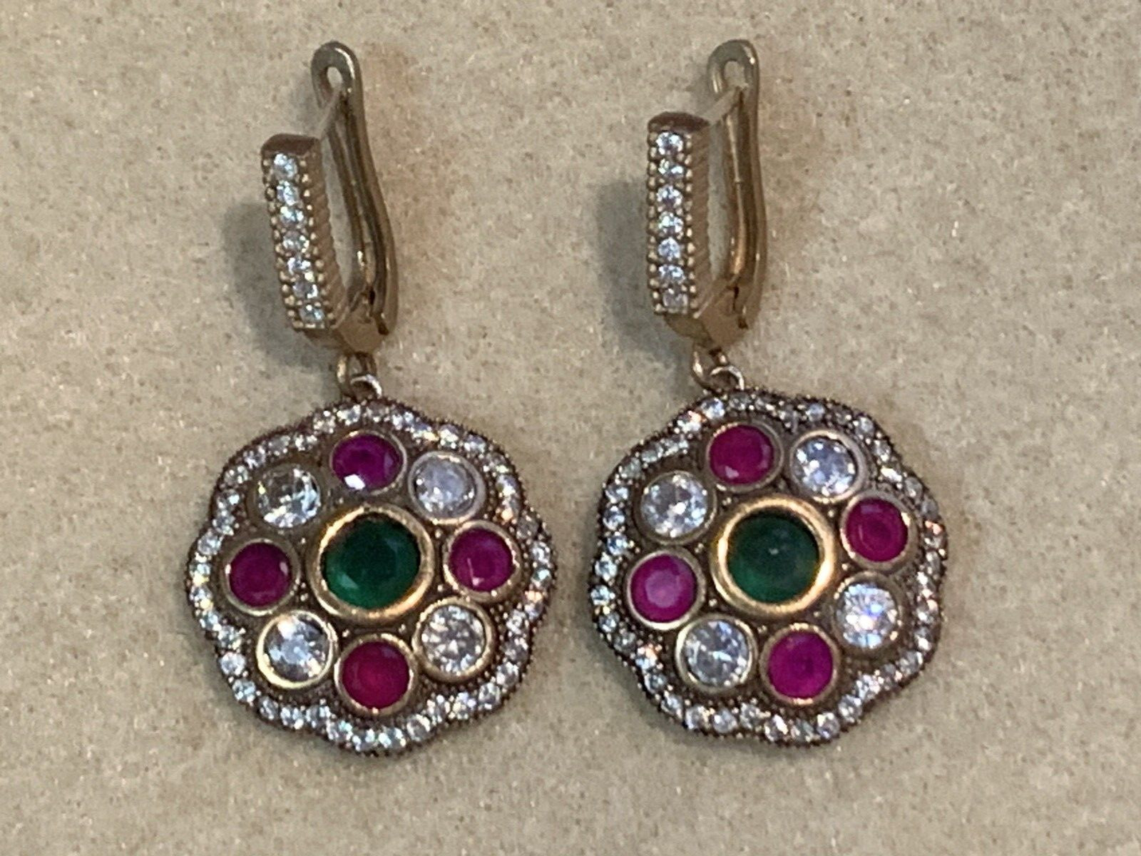 HUGE SALE**ESTATE VTG. EMERALD/RUBY/WHITE ZIRCON OTTOMAN EARRINGS-NEVER WORN