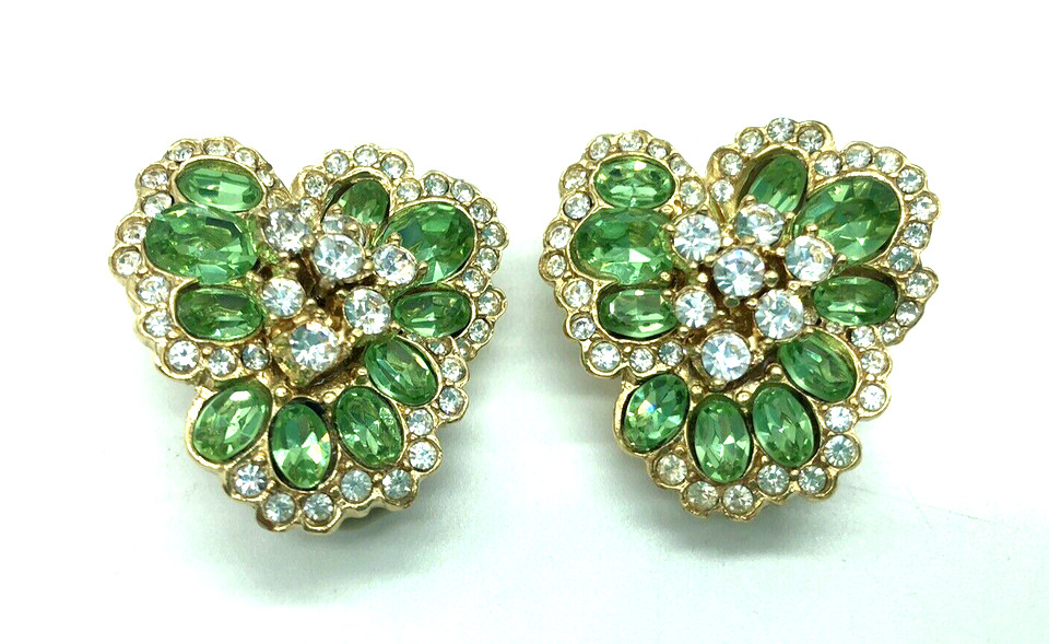 Ciner Green Crystal Leaves Clover Flower Gold Tone Clip Earrings Huge Runway