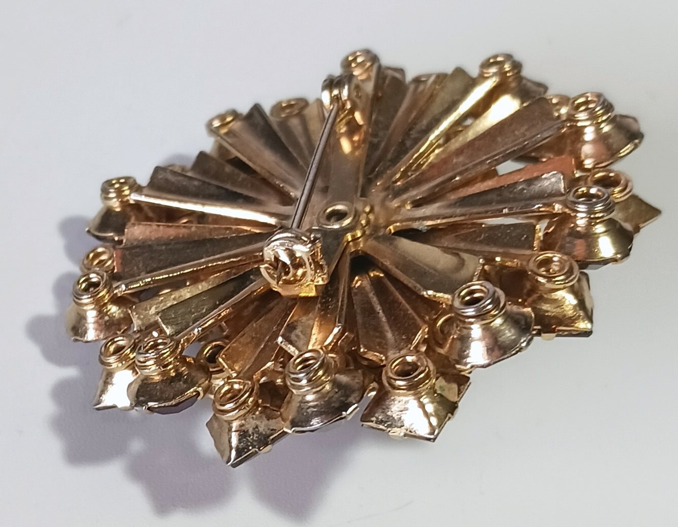 Vintage Gold-tone Layered Brooch w/ Smoky Topaz- & Gray-Green Colored Rhinestone