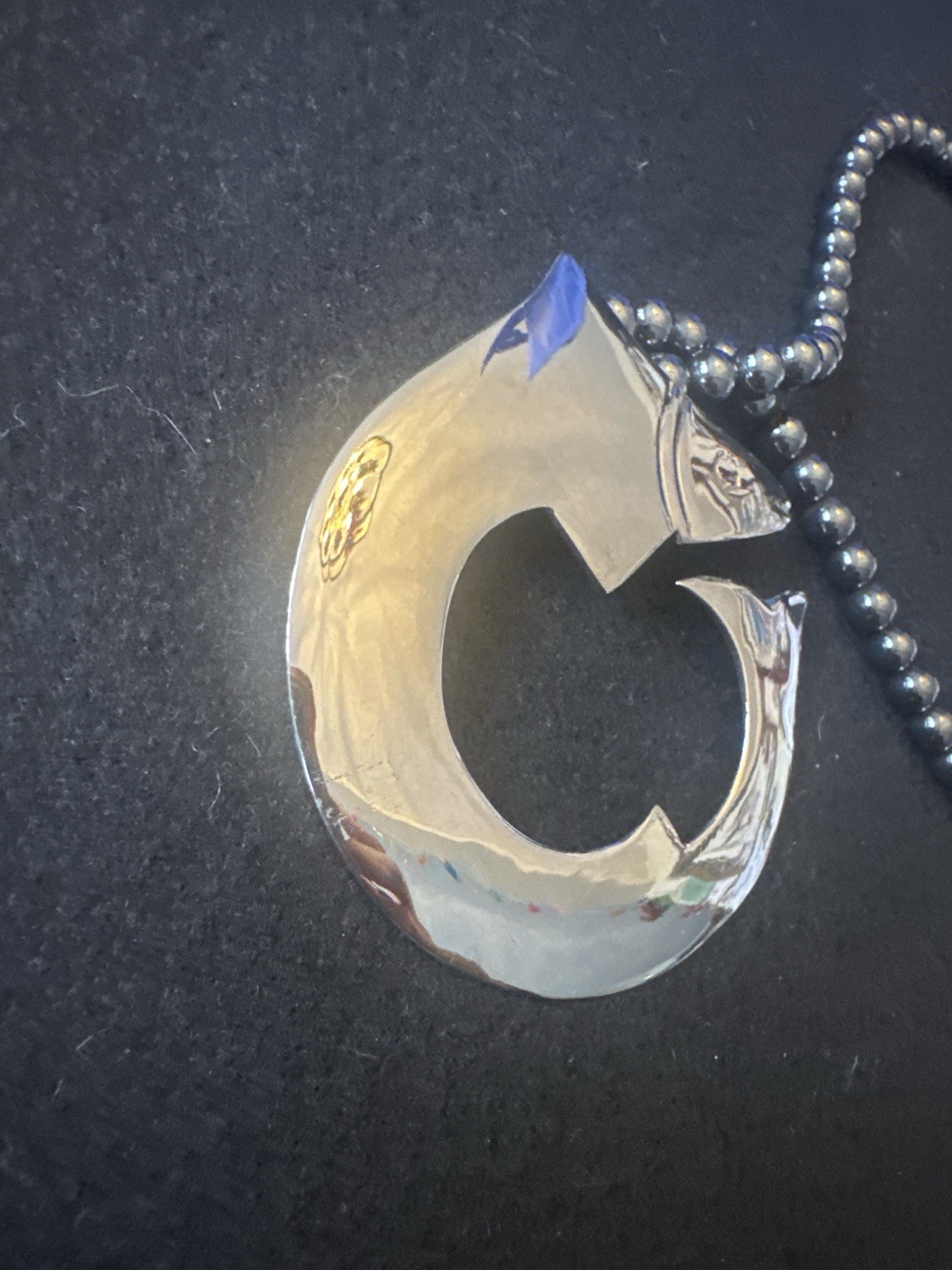 Vintage Fish Pendant Necklace Silver Tone Abstract Jewelry Hematite Modernist