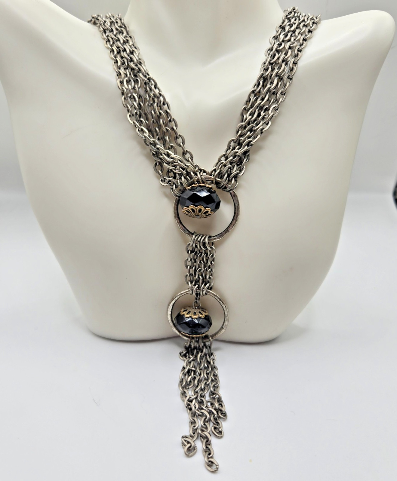 VTG Statement Necklace Layered Chain Black Beads Silvertone 18 in overall length