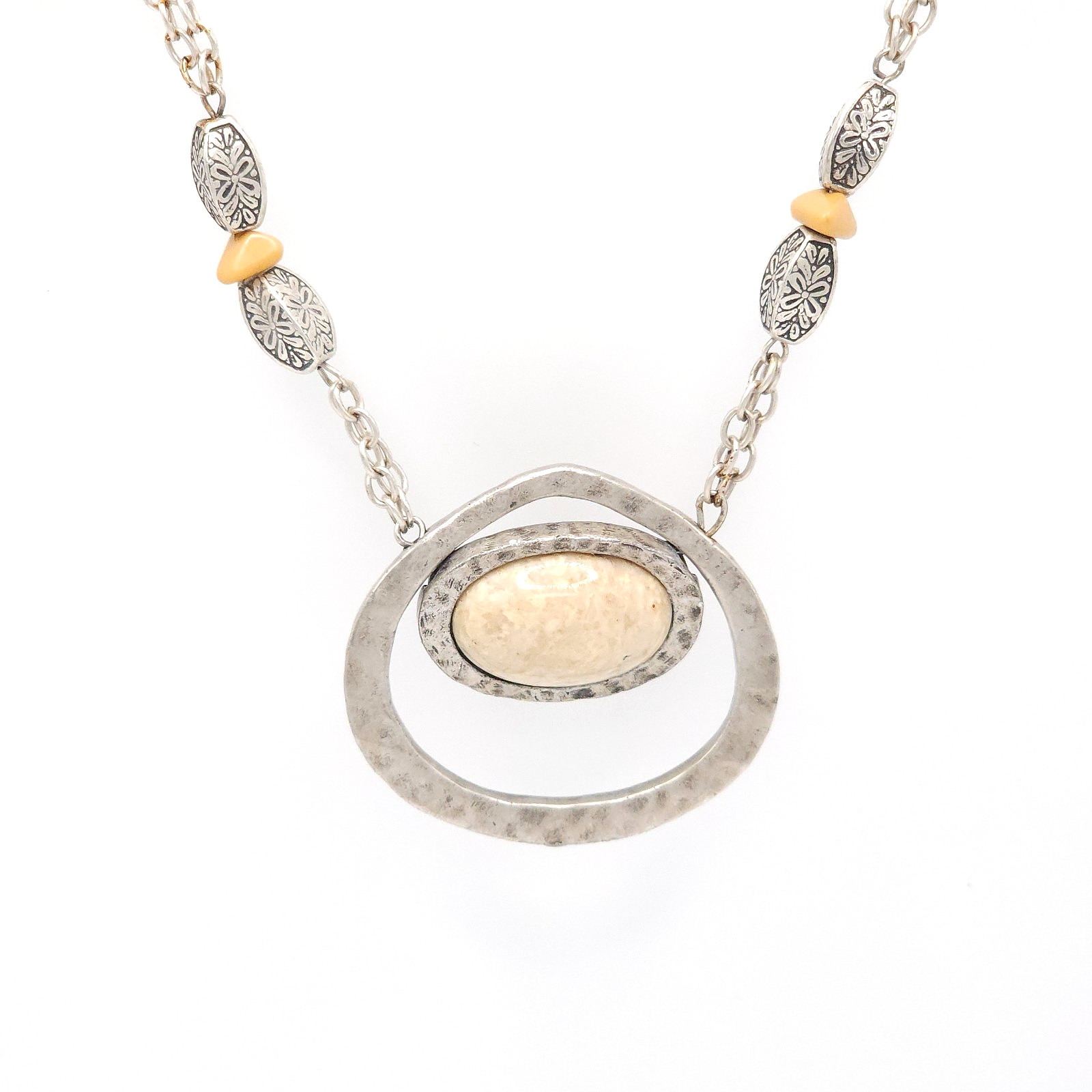 Vintage Avenue Signed Necklace Silver Tone Cream Stone Statement Pendant 18-21in