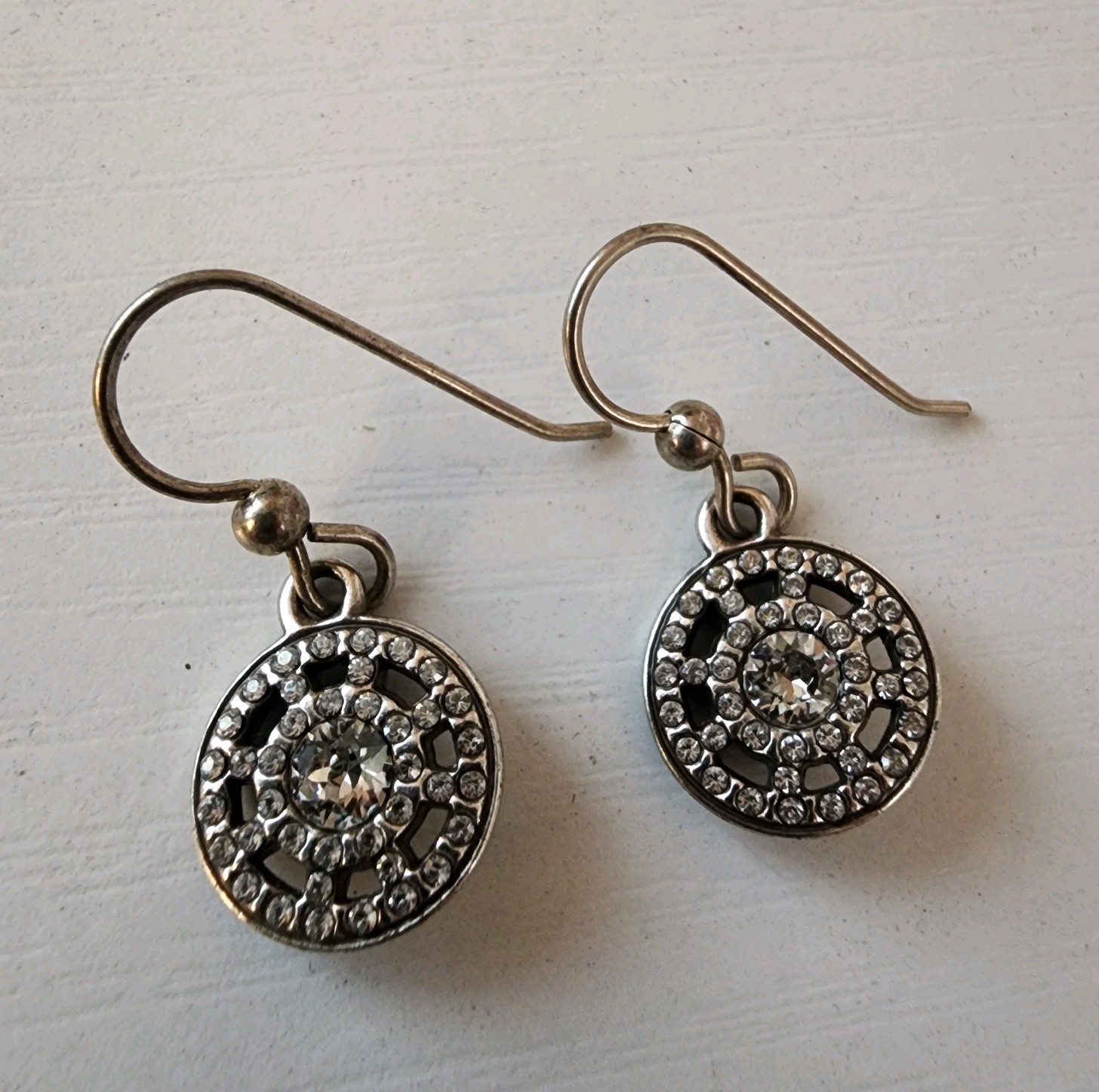 Vintage Fancy Women’s Earrings Silver Toned With Rhinestones Faux Center Diamond