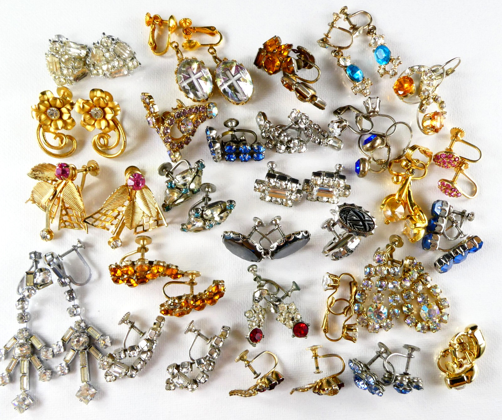 Vintage Rhinestone Screw Back Earrings Lot 25 Pairs ALL SPARKLE Multi Color Stns