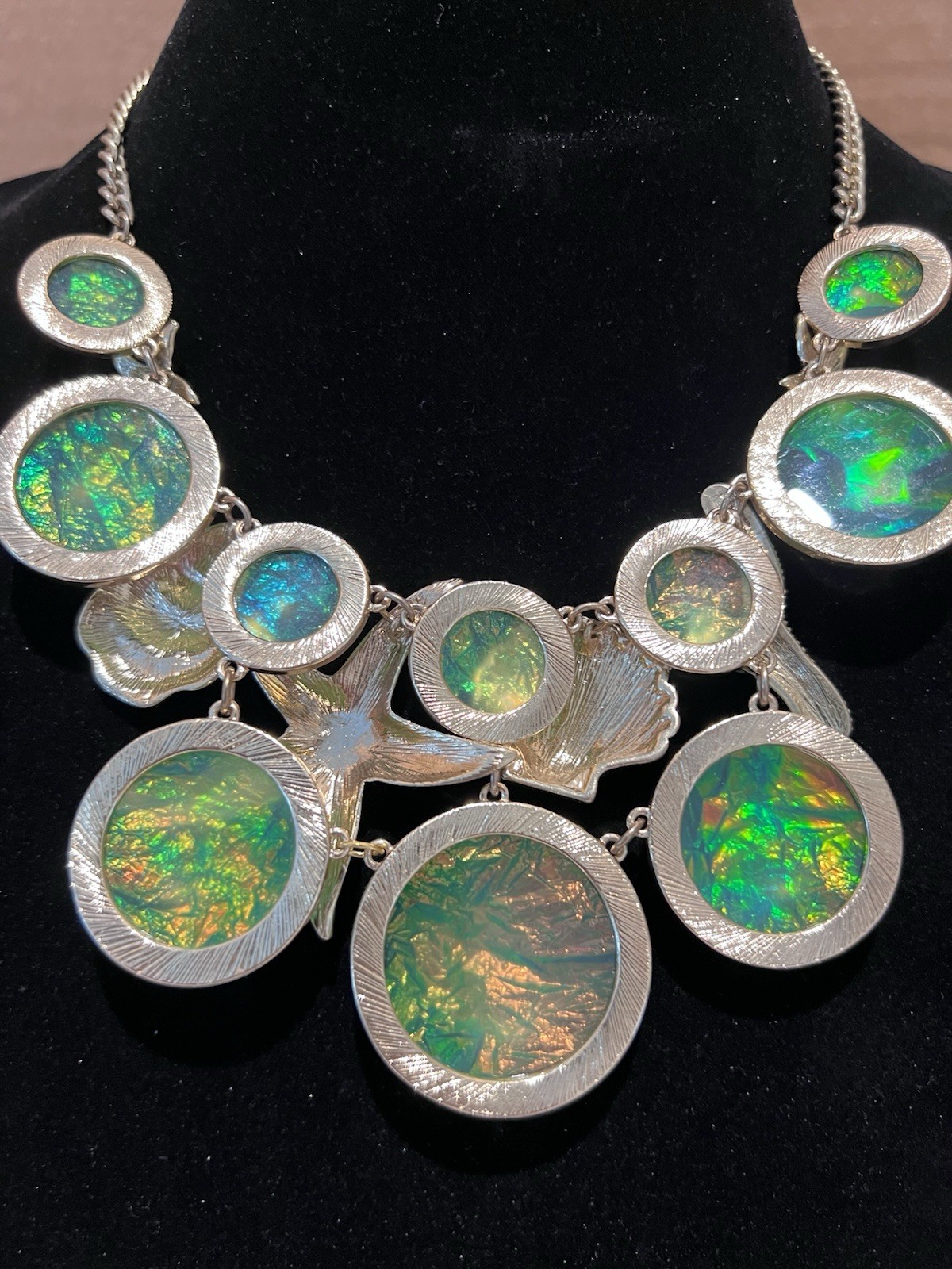 Statement MermaidCore Sea Life Bib Necklace Iridescent Green Sea Opal Starfish