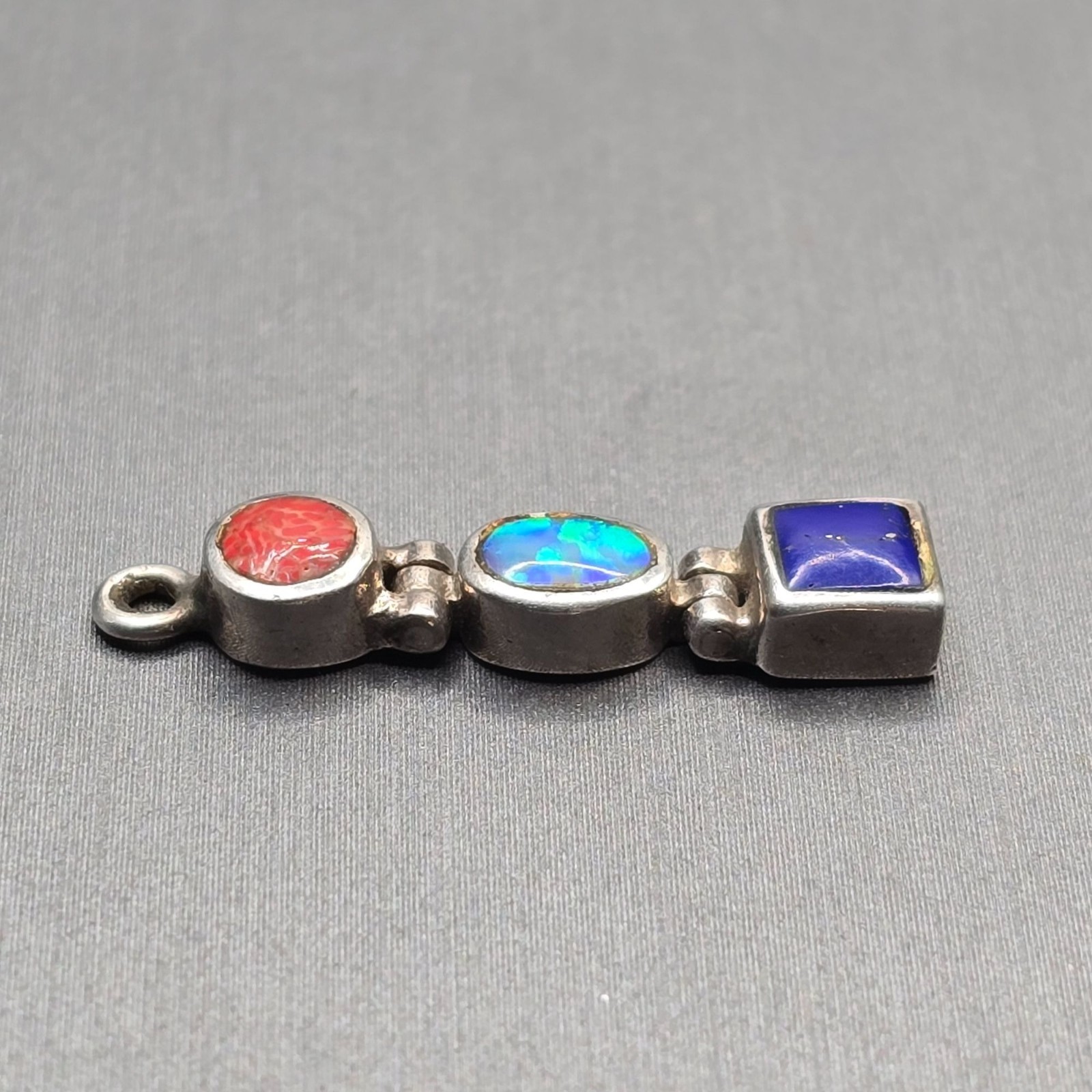 Vintage Sterling Silver Coral Opal Lapis Pendant Hinged Drop Style