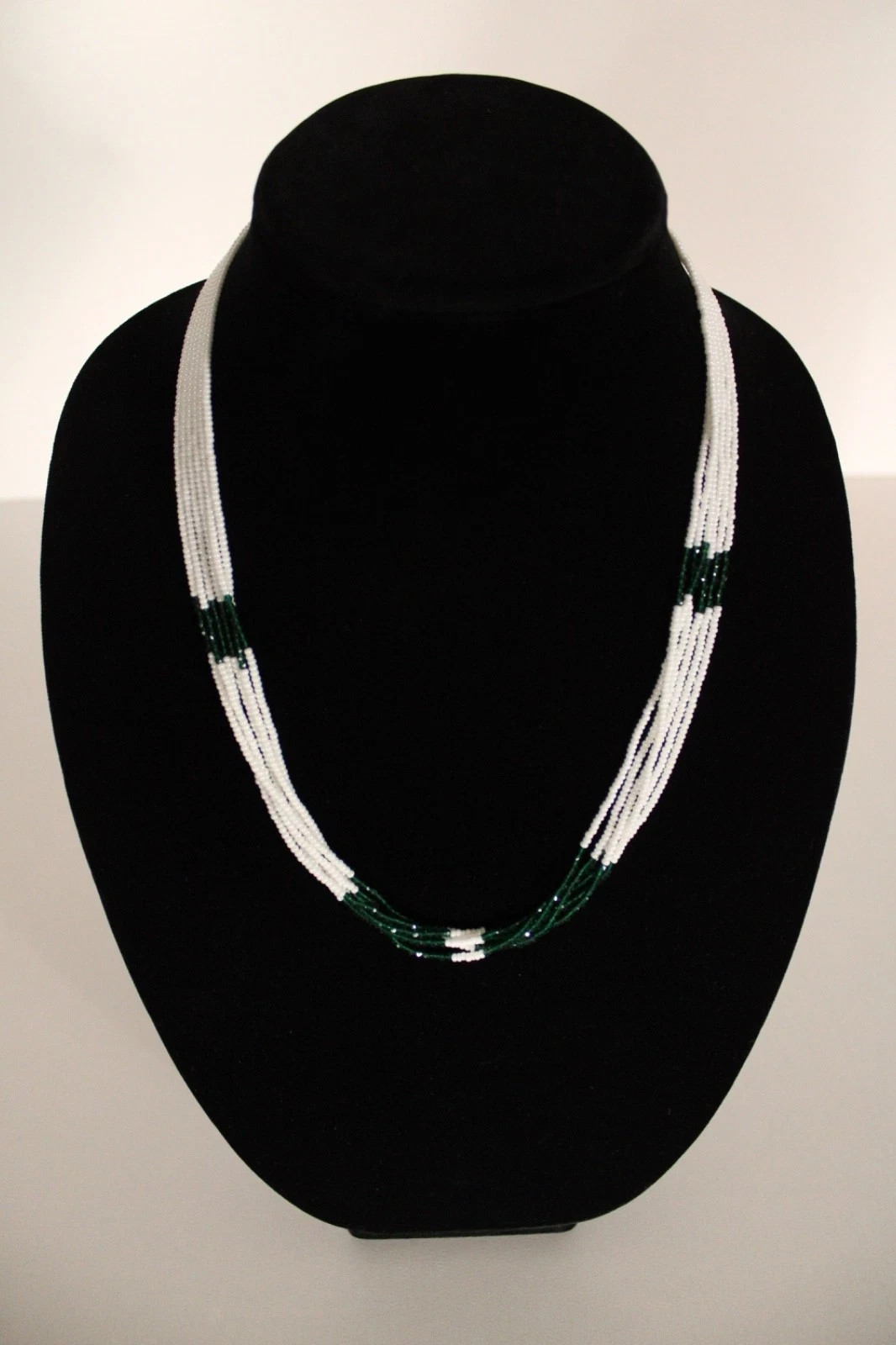 Green White 22″ 6 Strand Tiny Seed Bead Beaded Shimmering Necklace Handmade