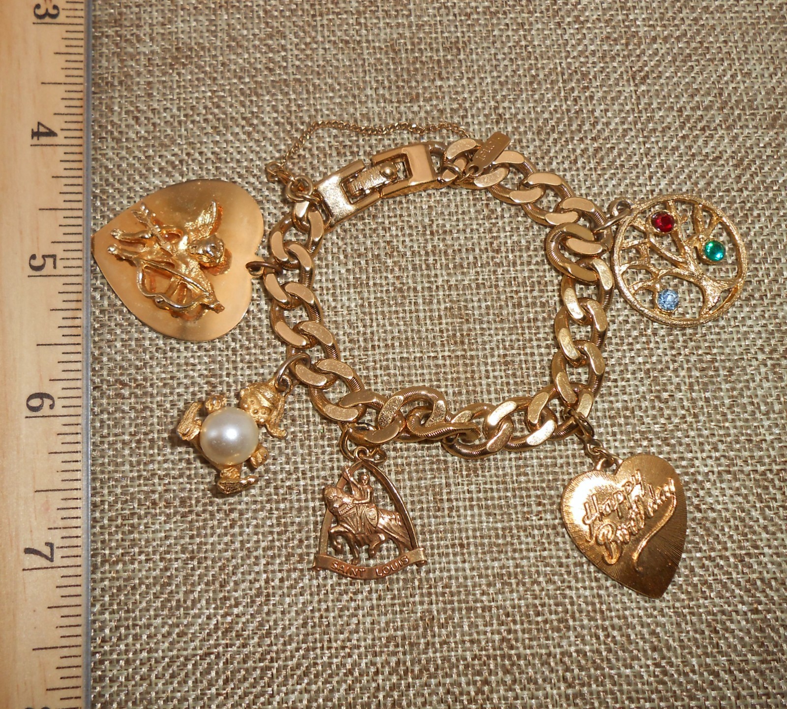 MONET Charm Bracelet & 5 Charms Birthday GF St Louis Family Tree Cupid Elf N30