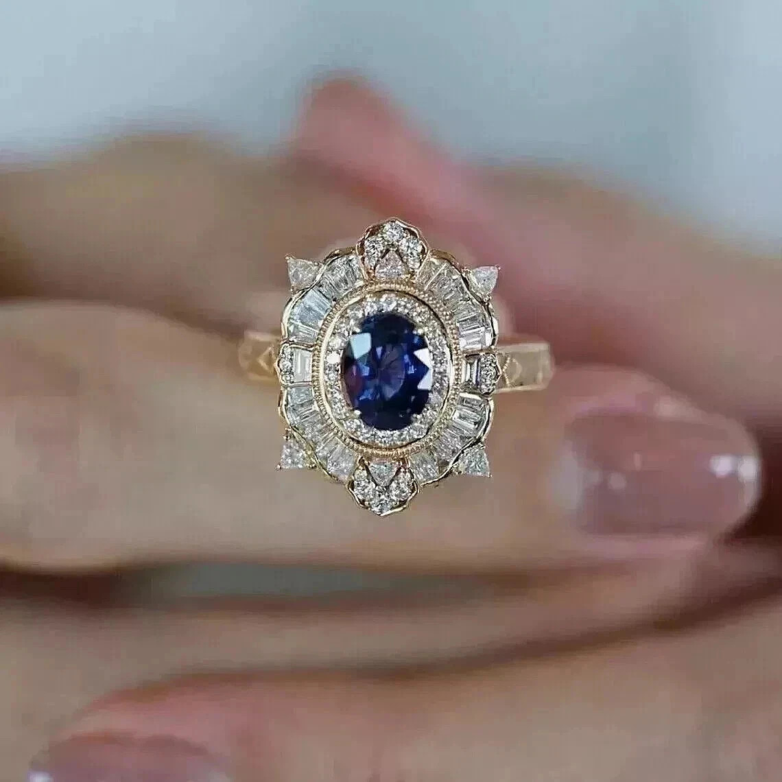 Art Deco Style Oval Sapphire & Lab Created Diamond Halo Wedding 14K Gold FN Ring
