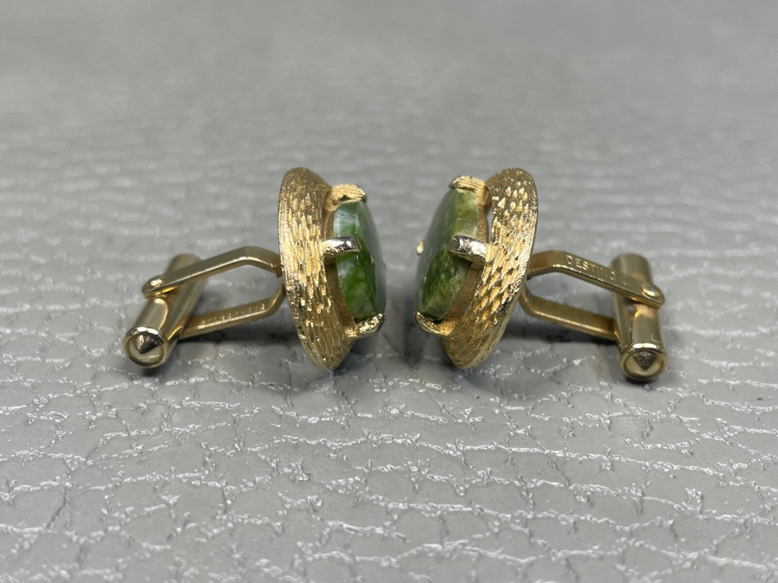 Vintage Prong Set Jade Yellow Gold Plated Cuff Links