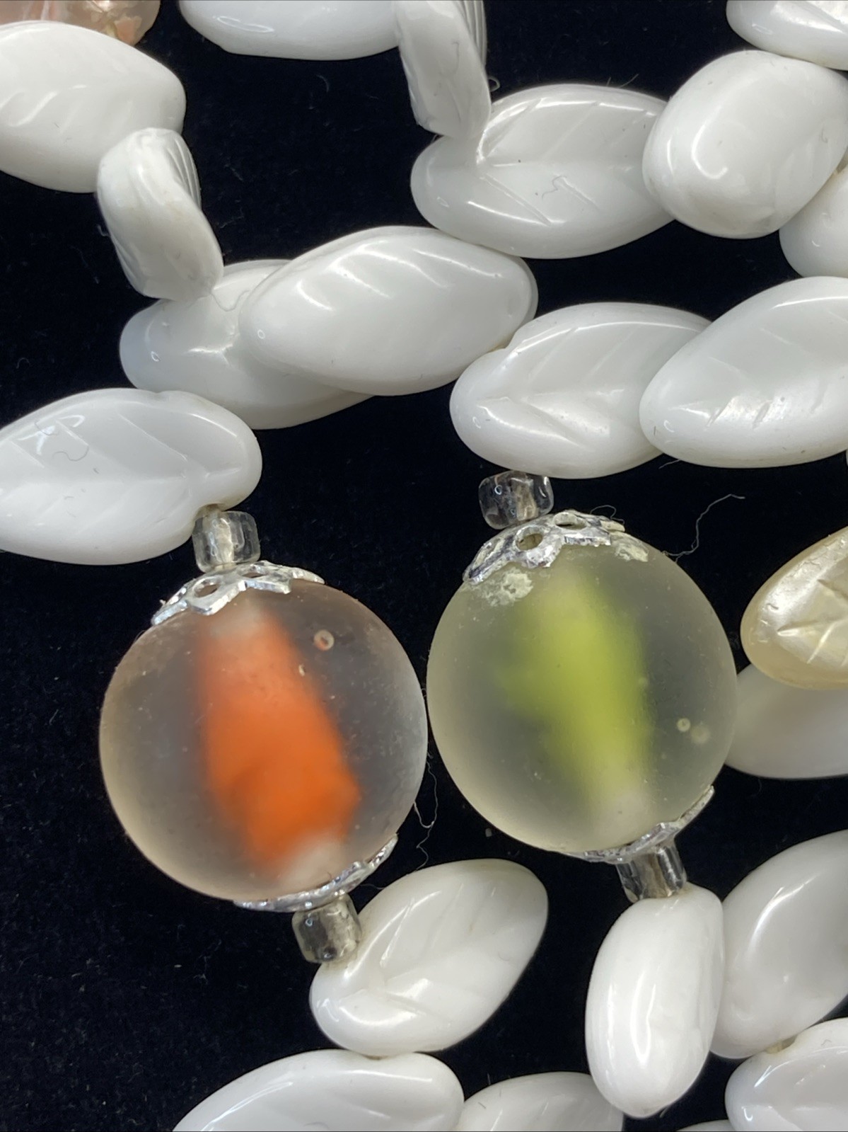 Triple Strand Plastic Orange Green White Leaves Translucent Resin Beads Necklace