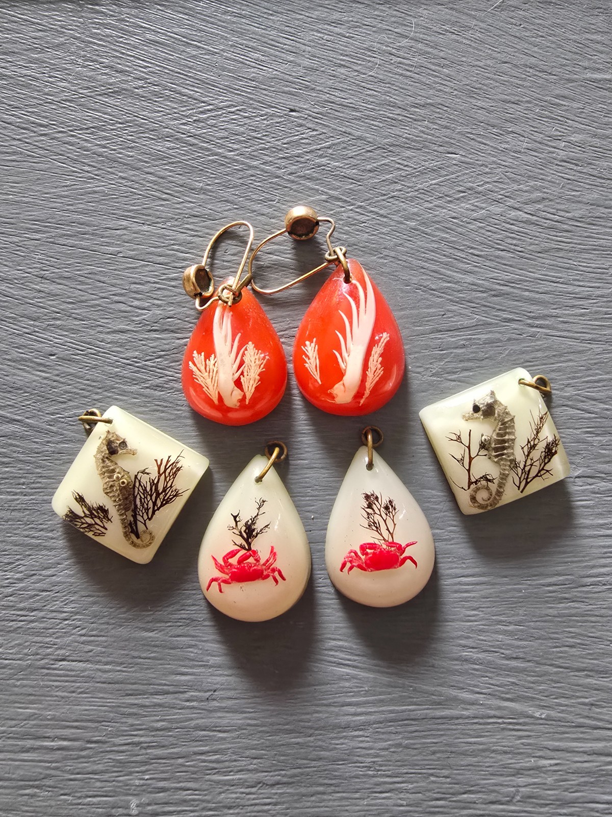 Vintage 1960s Lucite Marine Life Ocean Tropical Crab etc Earrings