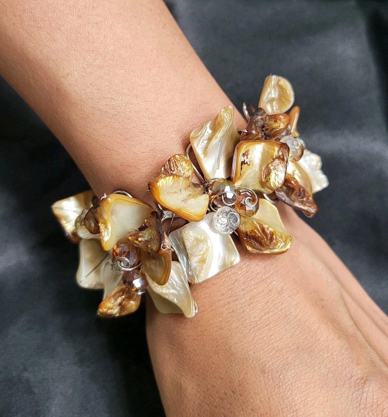 Vintage Mother of Pearl Shell Stretch Bracelet Chunky Golden Brown Cuff Boho