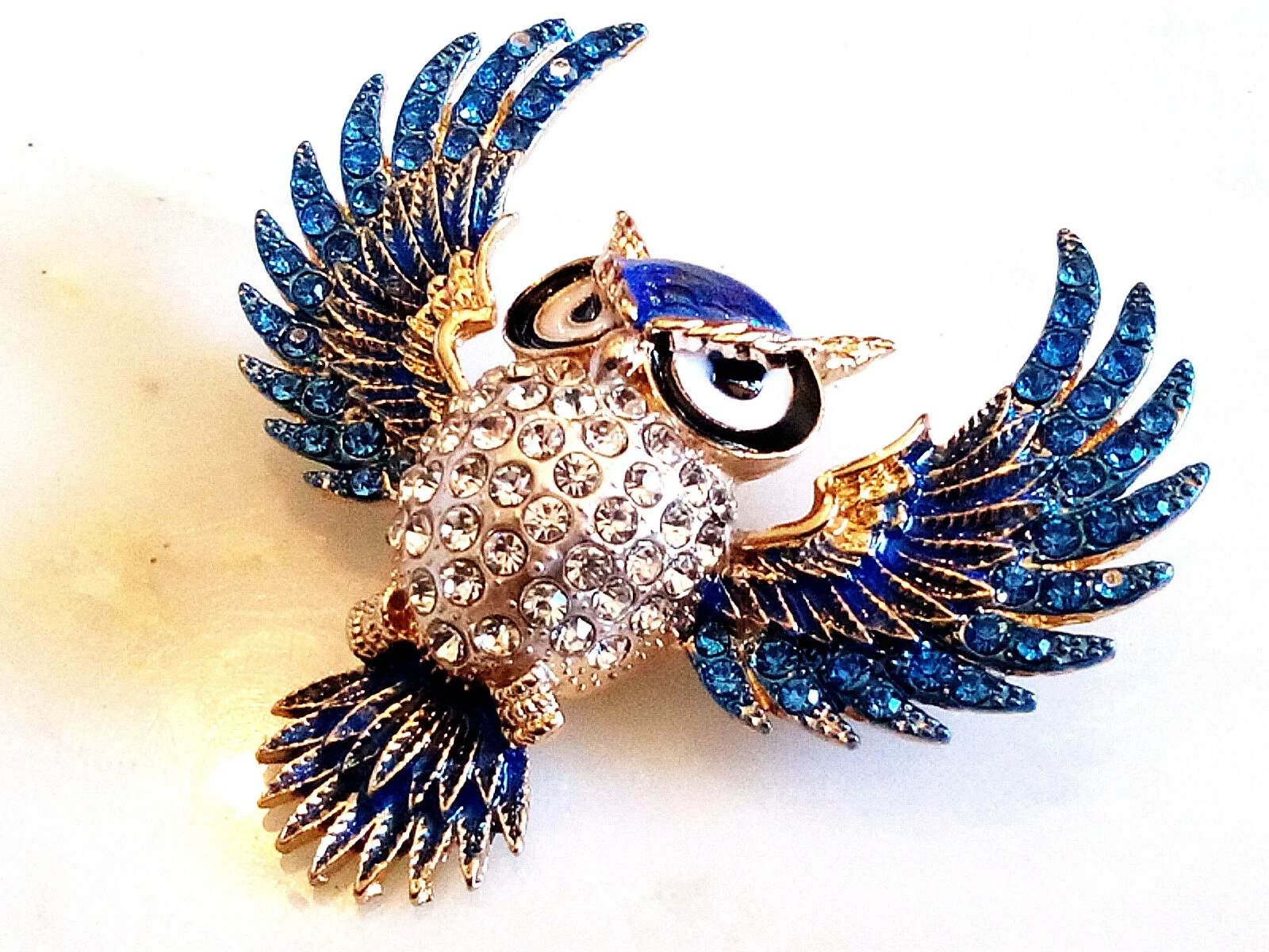 RHINESTONE OWL BROOCH! Enameled Wise Bird Pendant/Pin. Deep Blue Crystals.