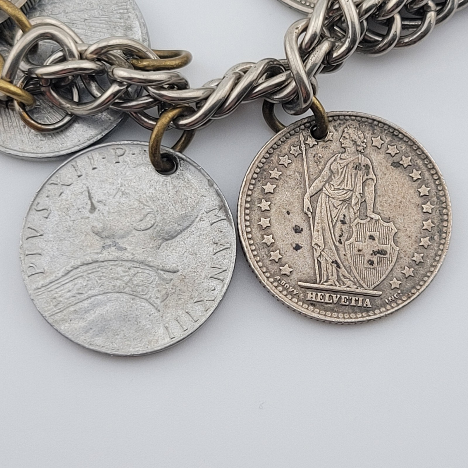 Vintage Coins From Around the World Charm Bracelet Souvenir 1924 to 1956 7.5″