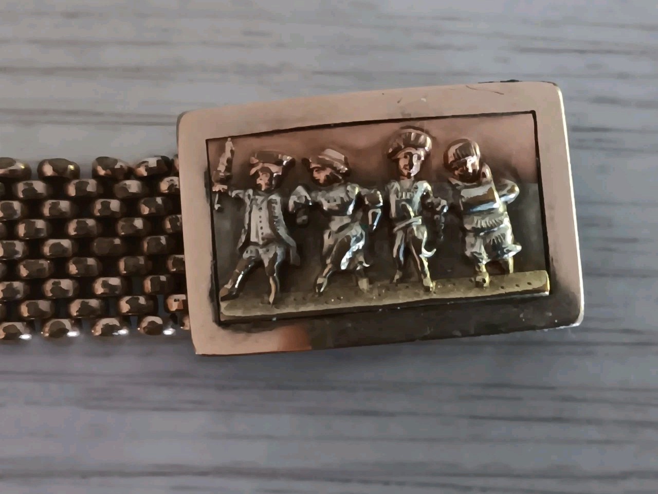 Antique *Damaged* Brass Mesh Link Bracelet Rectangle Clasp People Scene 7″