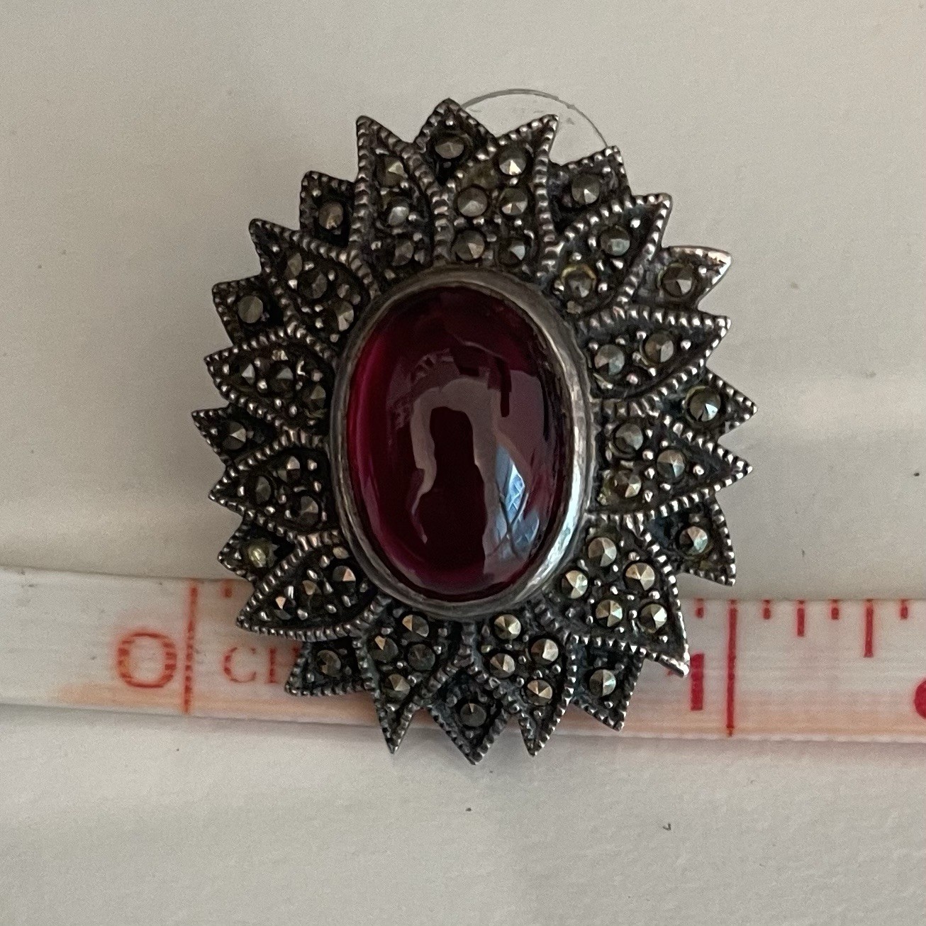 Vintage Ruby Red Cabochon Marcasite Style Statement Earrings Silver Tone ArtDeco