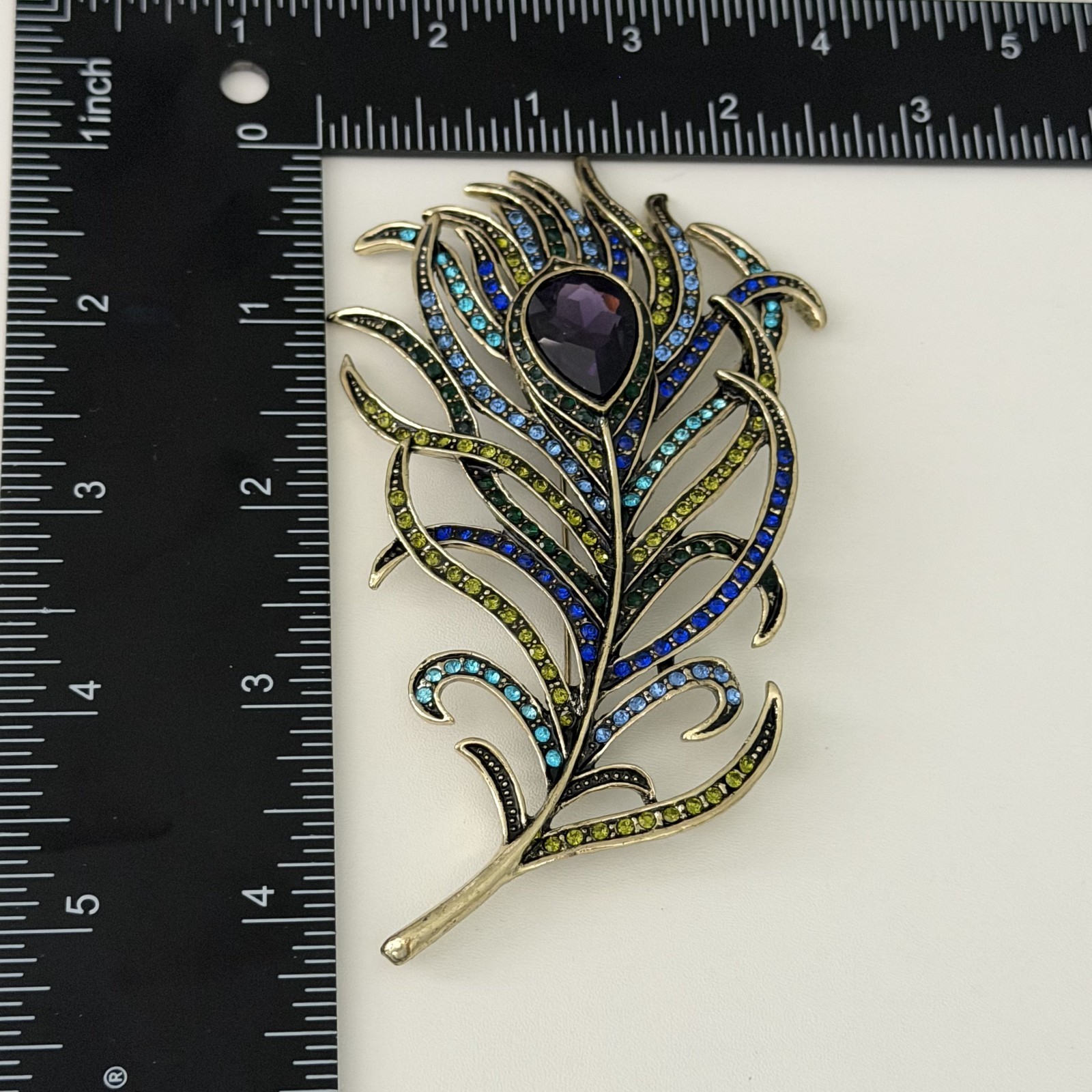 Heidi Daus Signed Rare Big Peacock Feather Rhinestone Statement Brooch Pin