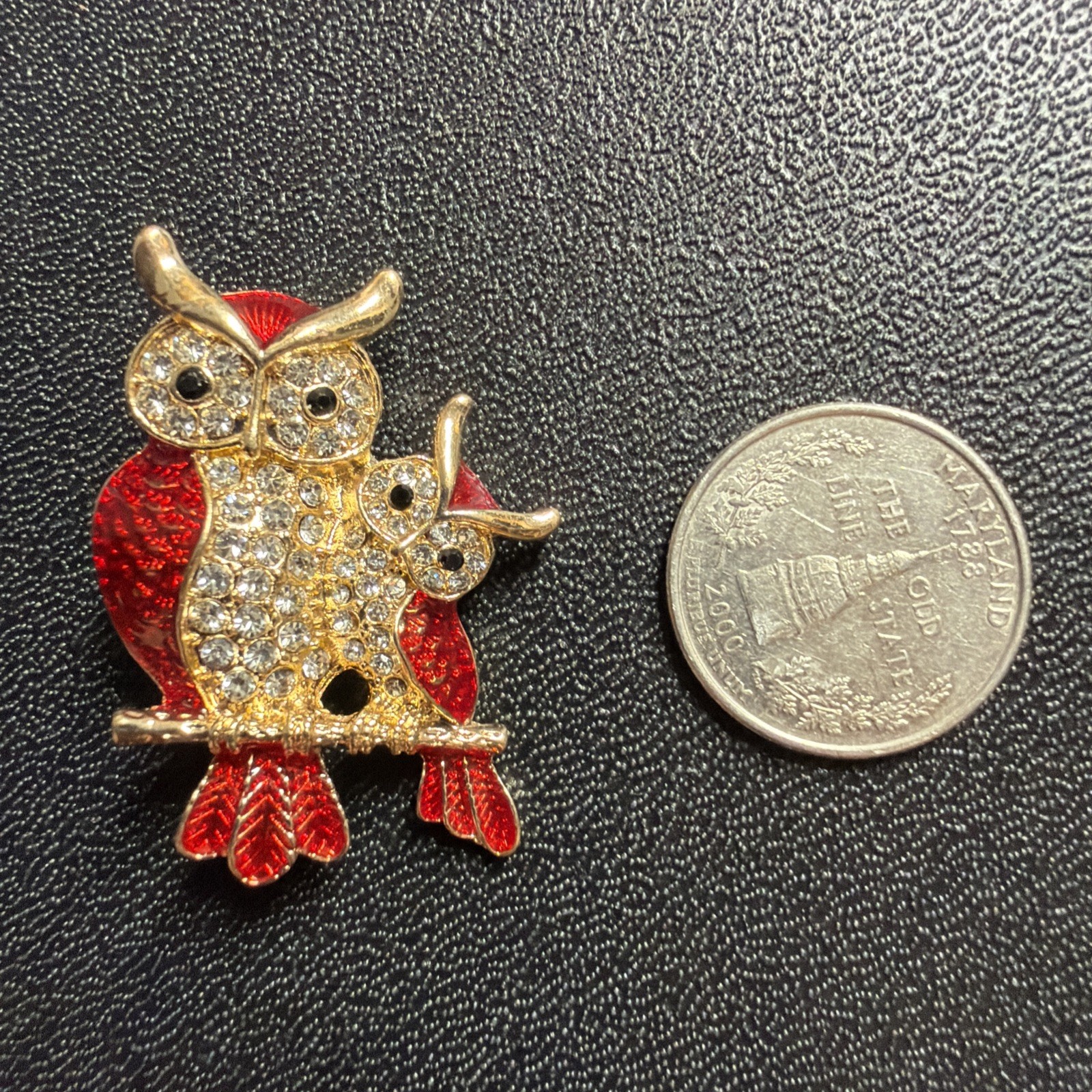 Owl Pair Rhinestone Brooch Pin Gold Tone Costume Jewelry