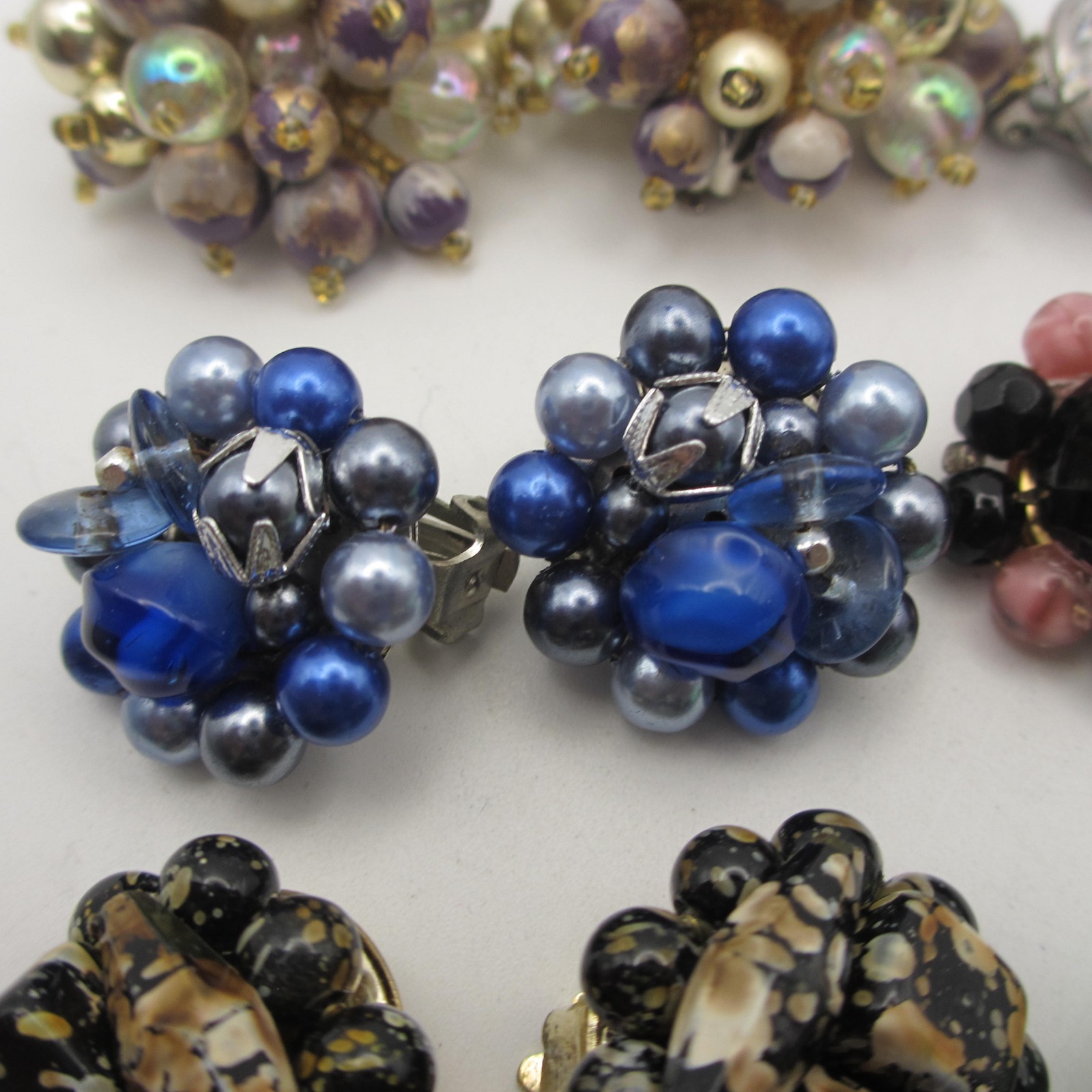 Vintage Cluster Beaded Earrings 6 Pair Hong Kong Japan Western Germany Clip Ons