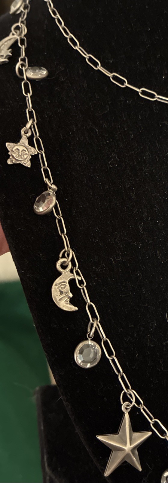 Vintage Silver 36” Celestial Necklace Sun Moon Stars Cupid Bevel Set Crystals