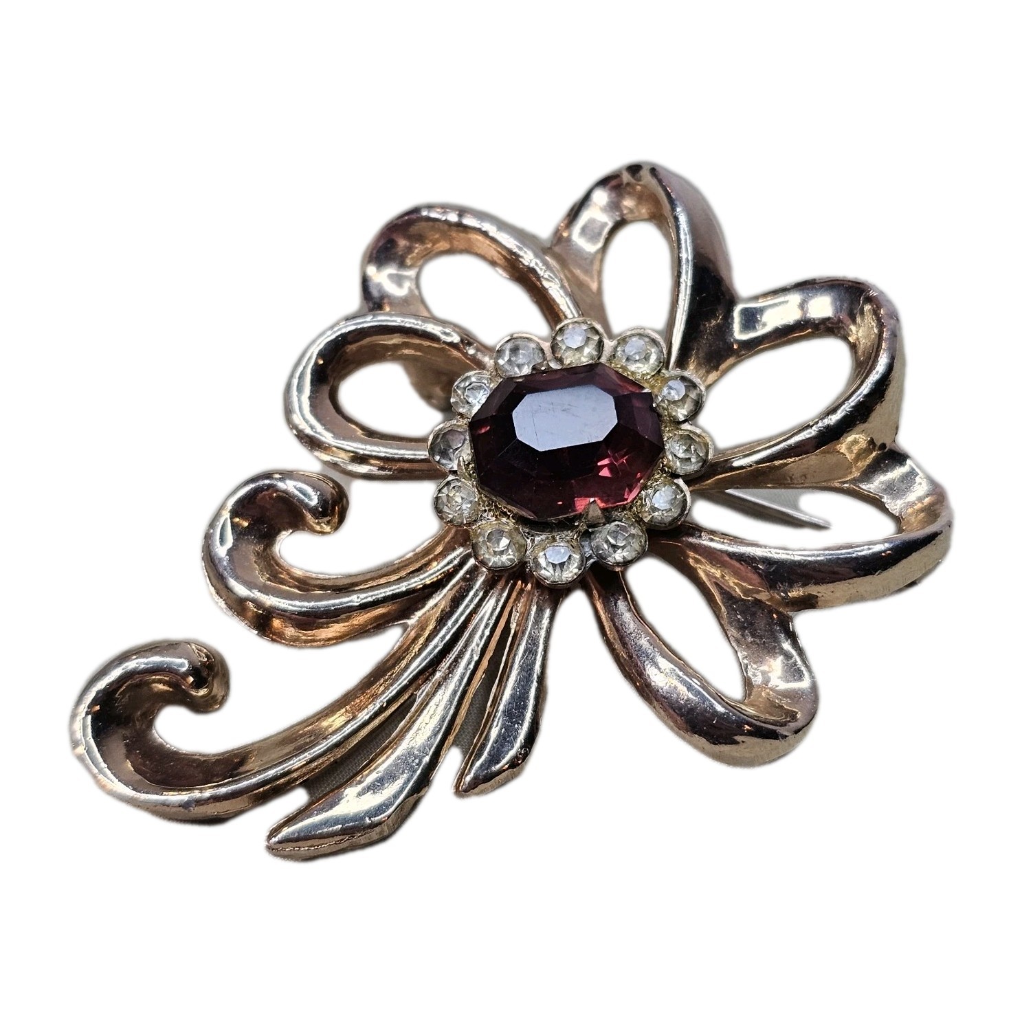 Vintage Art Noveau Style Gold Tone Red & Clear Rhinestone Fancy Bowl Brooch Pin
