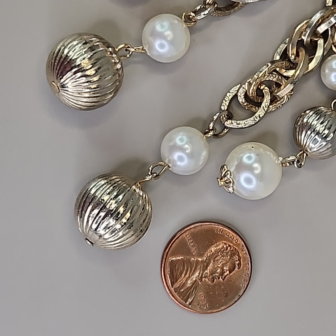 Vintage Slider Rope Necklace Tassel Faux Pearls Ribbed Ball Beads Chunky 28″
