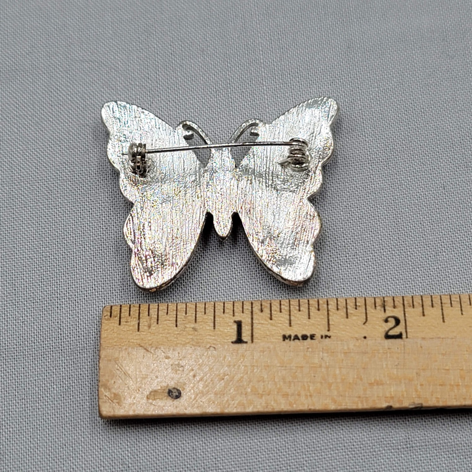 Vintage Yellow Black Butterfly Brooch Rhinestone Silver tone 1.5″