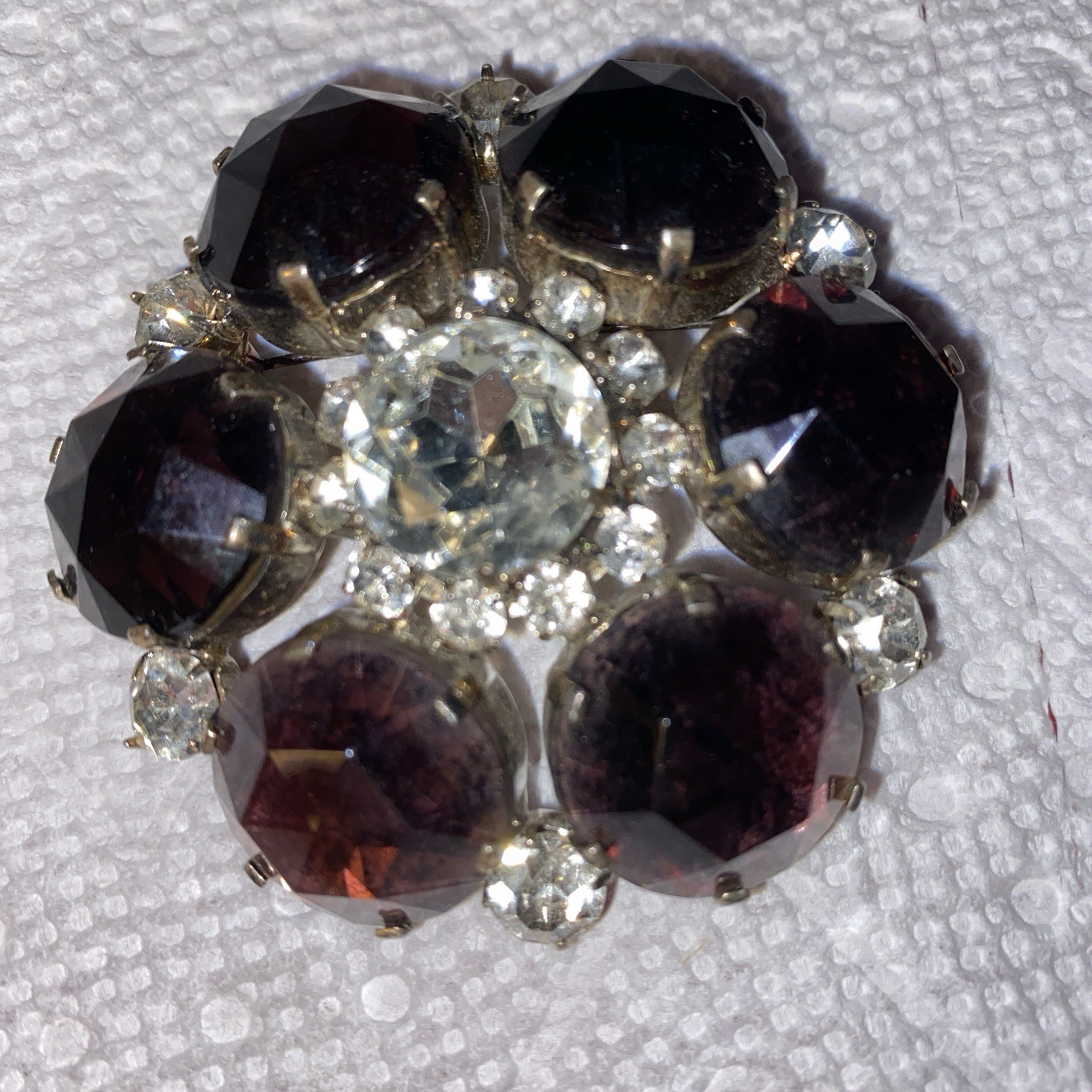 Large Contemporary Goldtone Purple & Clear Rhinestone Brooch 2.5”