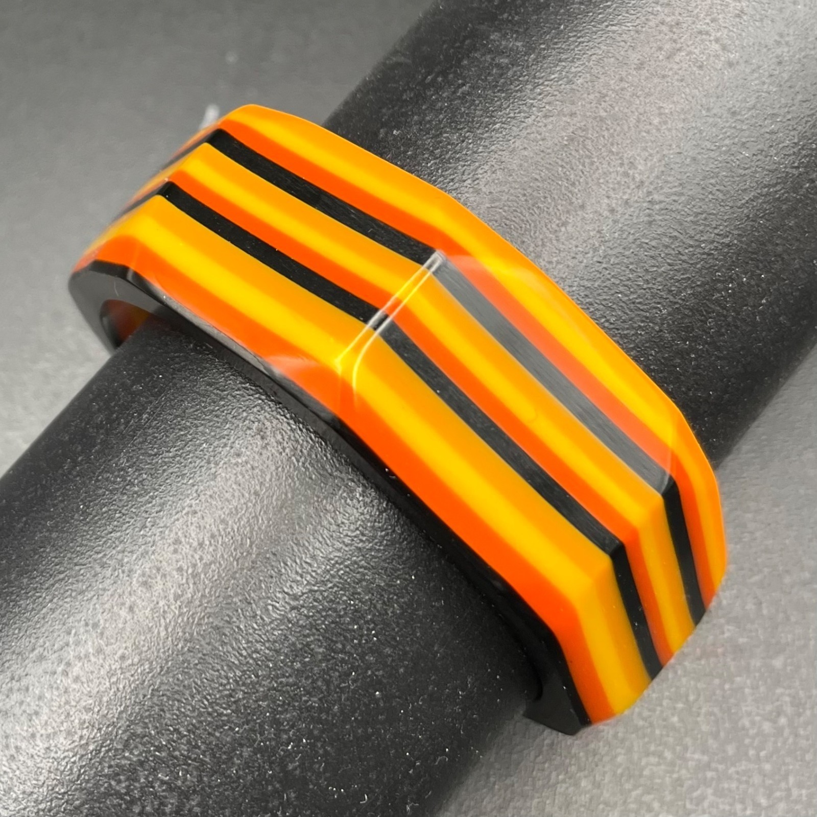 Vintage Laminated Lucite Octagonal Bangle Bracelet Orange Yellow Black Wide