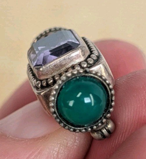 Vintage Sterling Silver 925 Green Bloodstone Amethyst Tibetan Brooch / Pin