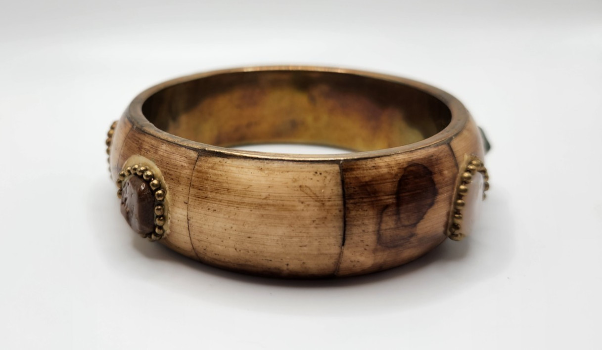 Vintage Brass and Bone with gemstones Bangle bracelet