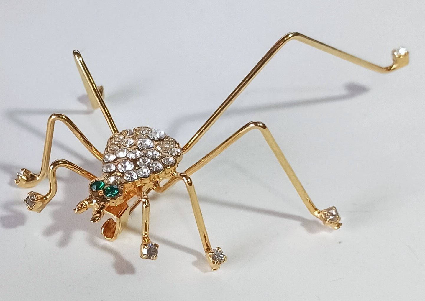 Vintage Bright Gold-tone Green & Pave White Rhinestone 3D Spider Brooch 2.25″