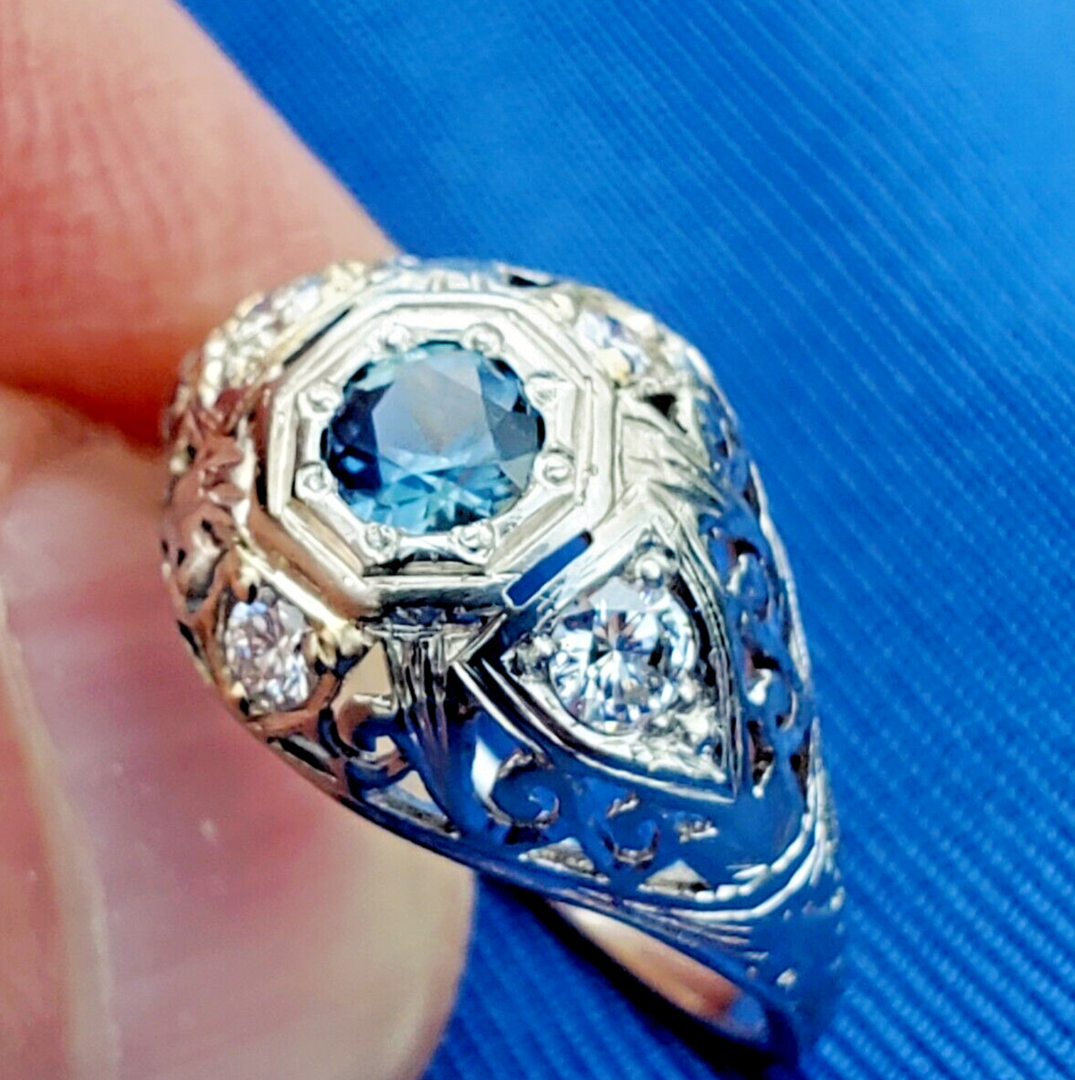 Original EARTH MINED SAPPHIRE DIAMOND Deco Engagement Ring Vintage Solitaire 14K